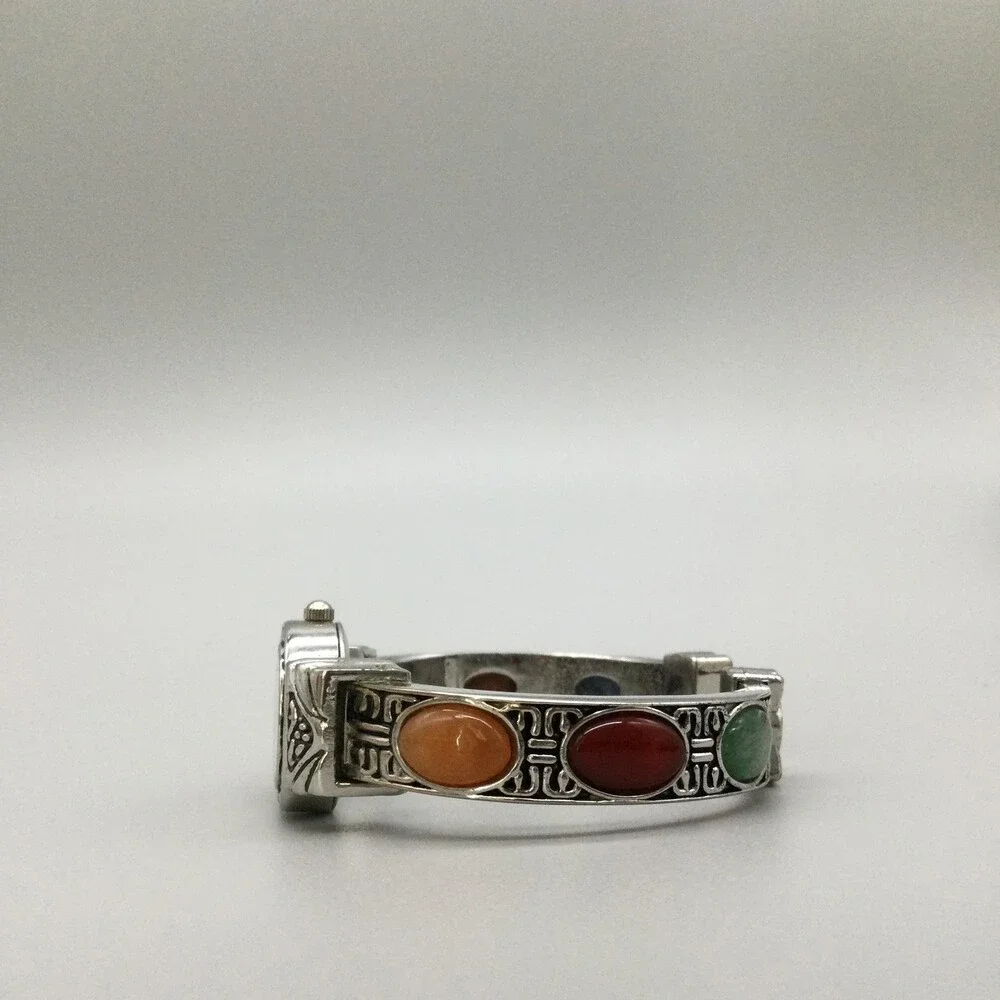 Vivani Womens Watch 21mm White Dial Silver Tone Bangle Cabochon Band New Battery